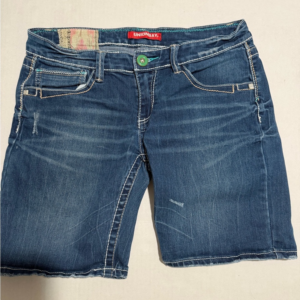 union bay low rise jean denim shorts, native print pockets, women's 11
